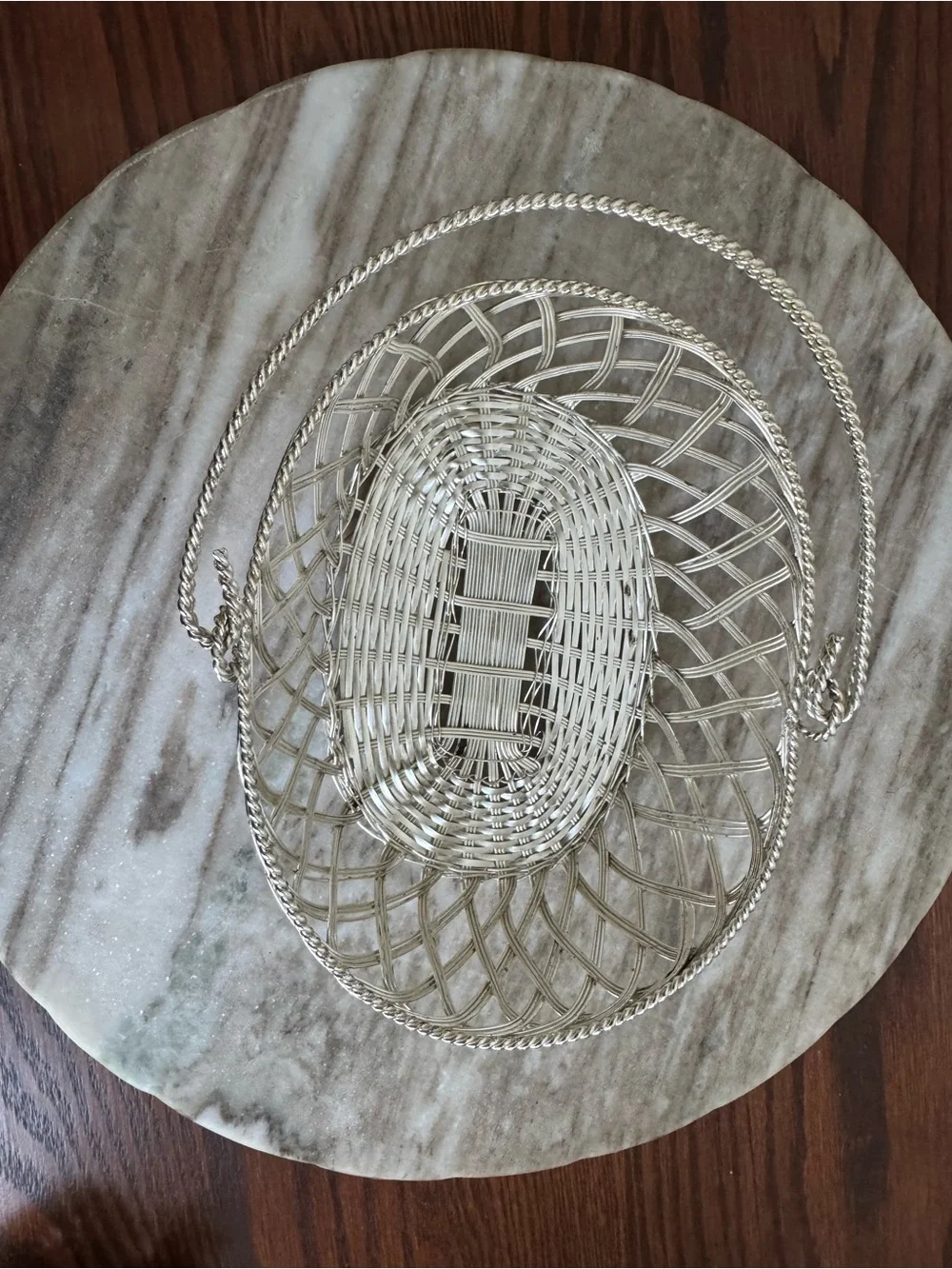 Vintage Silver Woven Metal Basket with Handle